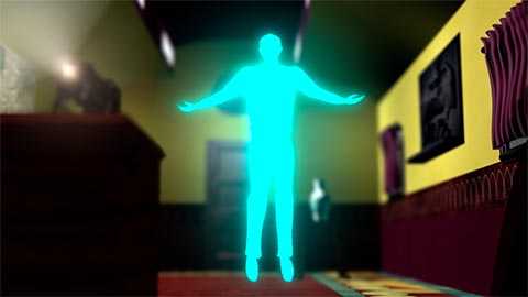 A figure glows from within and levitates inside a royal train car in a 3d CGI rendering